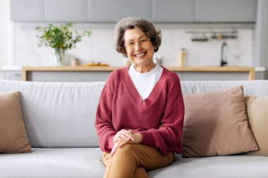 Neşeli, gri saçlı, emekli kadın kameraya bakıyor ve gülümsüyor. Oturma odasındaki kanepede oturan yaşlı kadın.