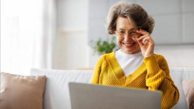 Laptop kullanan, gözlük takan, internette sörf yapan, emekliliğini modern aletlerle geçiren, evdeki koltukta oturan Avrupalı üst düzey bir kadın.