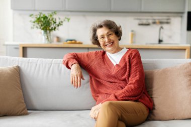 Rahat Avrupalı yaşlı bayan rahat koltukta dinleniyor ve kameraya gülümsüyor, oturma odasında oturuyor, emekliliğin tadını çıkarıyor, fotokopi çekiyor.