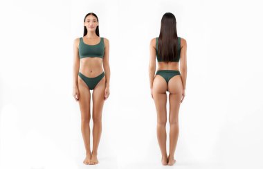 Beyaz stüdyo arka planı, kolaj, zayıflatma konsepti için afiş üzerinde izole edilmiş yeşil iç çamaşırlı fit bir kadının ön ve arka görüntüsü.