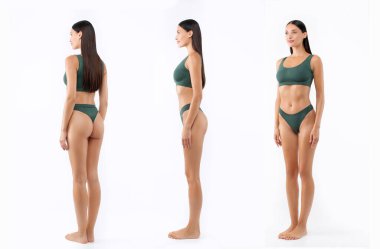 Beyaz stüdyo arka planında yeşil iç çamaşırlı sıska kadın ve farklı taraflardan mükemmel vücut şekli, kolaj.