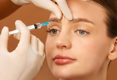 Genç Avrupalı bir bayan güzellik salonundaki profesyonel kozmetikçiden yaşlanma önleyici iğneyi alnına alıyor.