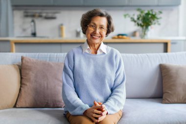 Mutlu son sınıf gri saçlı kadın portresi evdeki rahat koltukta dinleniyor, kameraya bakıyor ve gülümsüyor, video konuşmasında konuşuyor.