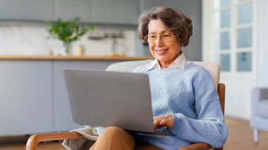 Keyifli son sınıf öğrencisi dizüstü bilgisayarla koltukta oturuyor, kablosuz internet kullanıyor, bilgi arıyor ya da internetteki dahili doktorla iletişim kuruyor.