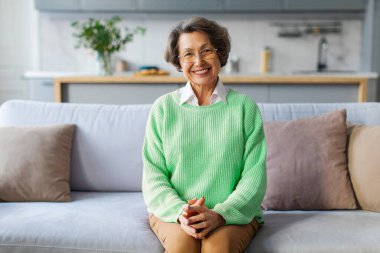 Mutlu son sınıf gri saçlı kadın portresi evdeki rahat koltukta dinleniyor, kameraya bakıyor ve gülümsüyor, video konuşmasında konuşuyor.