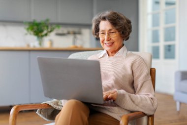 Keyifli son sınıf öğrencisi dizüstü bilgisayarla koltukta oturuyor, kablosuz internet kullanıyor, bilgi arıyor ya da internetteki dahili doktorla iletişim kuruyor.