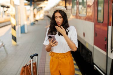 Tren istasyonunda tren vagonunun yanında durarak kalkışın iptal edildiği mesajını okuyan kadın şok oldu.