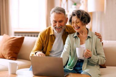 Emeklilik ve teknoloji kavramı. Üst düzey eşler dizüstü bilgisayar kullanıyor, internette sörf yapıyor ya da internetten film izliyor, kanepede dinleniyor ve kahve içiyor.