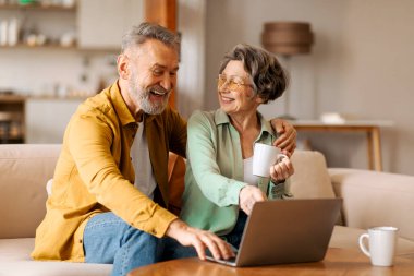 Modern teknolojiler. Üst düzey çift dizüstü bilgisayar kullanıyor, konuşuyor ve kahve içiyor, oturma odasında kanepede oturuyor, internette geziniyor ya da alışveriş yapıyor.