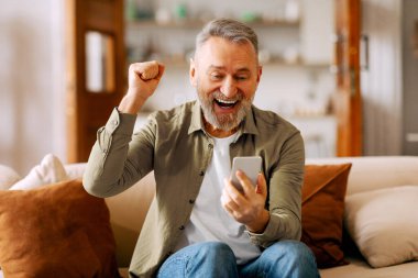 Akıllı telefon tutan, iyi haberler okuyan ve yumruğunu sıkan heyecanlı son sınıf öğrencisi, online galibiyet karşısında şaşkına dönmüş, zafer başarısından çok memnun.