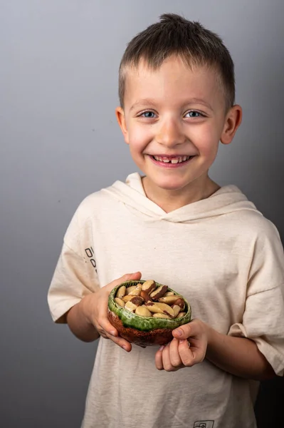 Boy Holding Small Bowl Brasil Nuts Healthy Food Snack — Stock Photo, Image