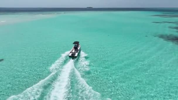 沿岸パラダイスは 透明なモルディブ海を探索するスピーディなモータークルーザーを備え 弓の上に女の子と素晴らしい空中景色を提供しています — ストック動画