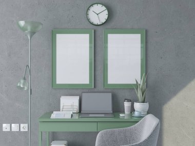 Modern oturma odasındaki poster çerçevesi, modern İskandinav tarzı, 3 boyutlu. 3d illüstrasyon