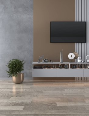 Ahşap zemini, beyaz masası, lambası, penceresi olan bir oturma odasının modern iç tasarımı. Model yap. 3d illüstrasyon