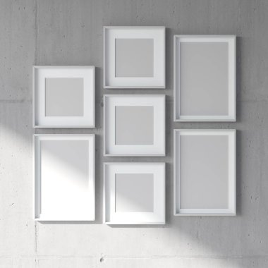 Duvardaki boş resim çerçeveleri. 3D görüntüleme, 3D resimleme