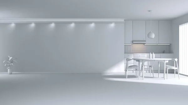 Bílý Moderní Interiér Velkým Oknem Velký Panoramatický Výhled Bílou Kuchyň — Stock fotografie