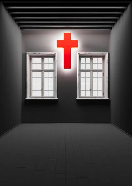 white window with red cross