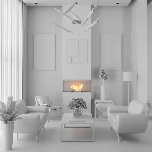 リビングルームのインテリアデザインの3Dレンダリング — ストック写真