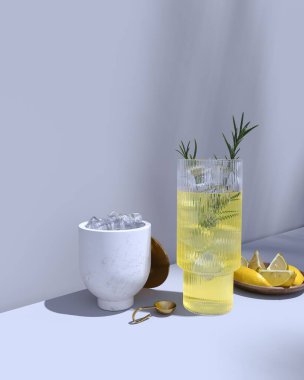 Bir bardak limonlu ve pipetli su. 3d oluşturma.