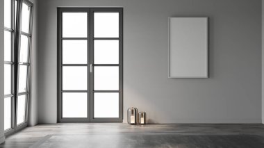 Boş boşluğu olan boş beyaz iç tasarım. 3D görüntüleme, 3D resimleme