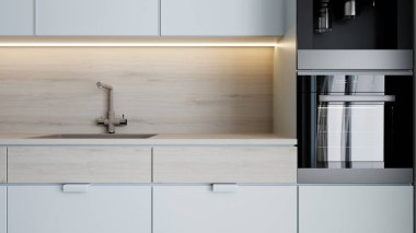 Beyaz duvarları, beton zemini, ahşap tezgahı olan modern mutfağın içinde gri tezgahları ve tabureleri olan beyaz tezgahlara batıyor..