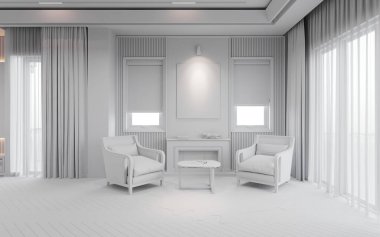 Beyaz ve gri duvarlı iç tasarım.