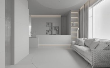 Beyaz duvarlı modern yatak odasının iç tasarımı.