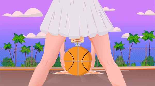 准备好玩了吗 街头篮球比赛中 身穿裙子 脚中间持球的女孩站在室外场地的篮筐前 手心有棕榈树 天际是紫色的 — 图库矢量图片