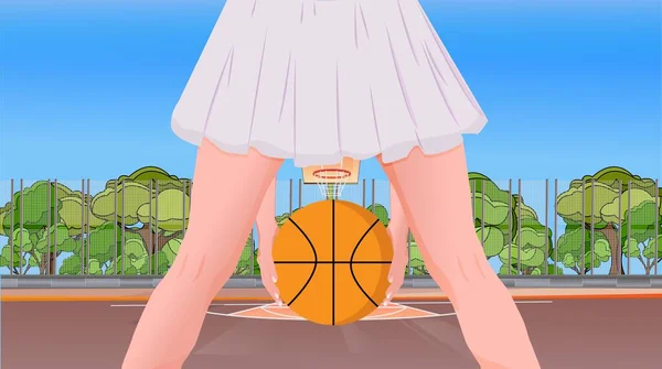 Close-up illustration of a female athlete holding a basketball between legs on outdoor court. Front low-angle view with hoop in background. Summer sports, preparation, competition, youth concept.