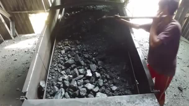 Bangalore India May 2016 Boy Pushing Charcoal Hoe Conveyor Machine — Stock Video