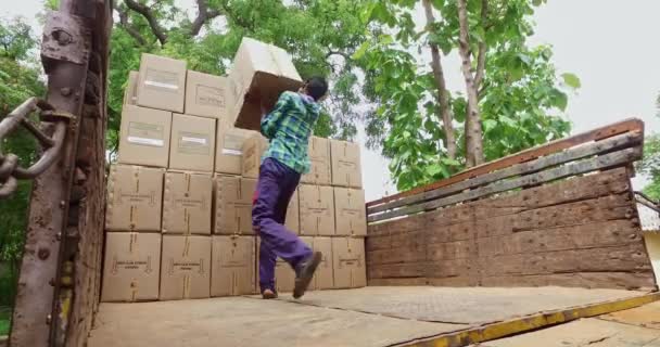 Mysore India June 2016 Closeup Young Worker Arranging Goods Boxes — Vídeo de Stock