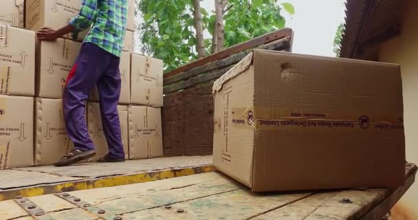 Mysore India June 2016 Closeup Man Lifting Arranging Goods Carton — Wideo stockowe