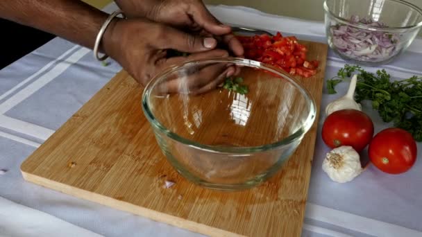 Closeup Chopped Beans Tomato Being Put Glass Bowl Male Hands — Vídeo de Stock
