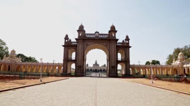 A wide view of empty Mysore Palace or Amba Vilas Palace during sunny day