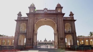 A wide view of empty Mysore Palace or Amba Vilas Palace during sunny day