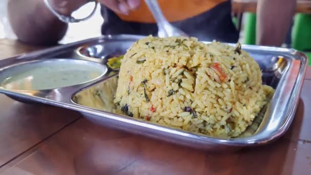 Close Hot Methi Pulao Fenugreek Rice Served Plate South Indian — Vídeos de Stock