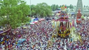 An aerial view of the chariot procession and celebration of a Hindu religious festival at Yediyur, Karnataka