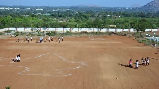 Top View Schoolchildren Playing Playground Sunny Day Rural School — Wideo stockowe