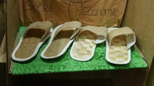 Closeup Eco Friendly Coir Jute Sandals Displayed International Trade Fair — Stock video