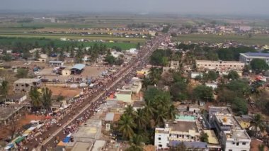 Aerial view of huge crowd moving on busy roads during Hindu religious annual festival.karnikotsava(prophecy),mailaralingeshwara karnika