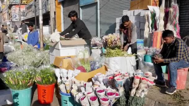 印度班加罗尔 2023年2月12日 阳光明媚的日子里 花匠们在市场上以盒子的形式包装华丽的装饰品或鲜花 — 图库视频影像