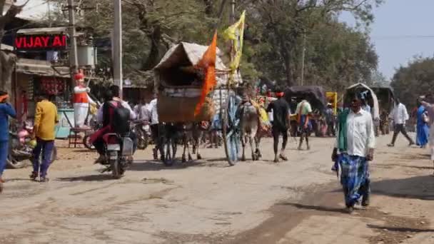 Vijayanagara Індія Лютий 2023 Широкий Постріл Старого Воза Биками Рухаються — стокове відео