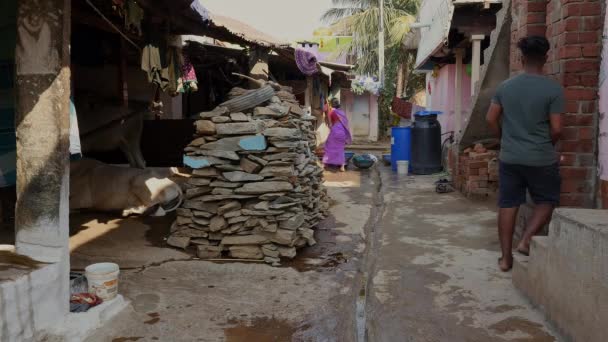 Vijayanagara India February 2023 Glimpse Lady Seen Cleaning Front Village — Vídeo de stock