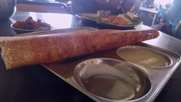 Closeup South Indian Dish Masala Dosa Served Plate Breakfast Streets — Stockvideo