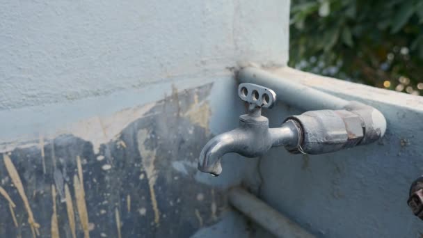 Close Hand Turning Tap Water Sunny Day House — Video