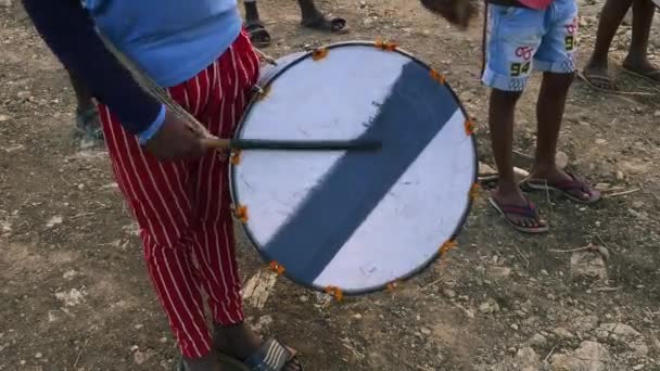 Closeup Kid Playing Bass Drum Drum Stick Continuously Practice Rural — Stock Video