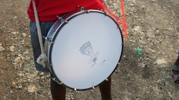 Vijayanagara India February 2023 Closeup Kid Playing Percussion Instrument Continuously — Stock Video