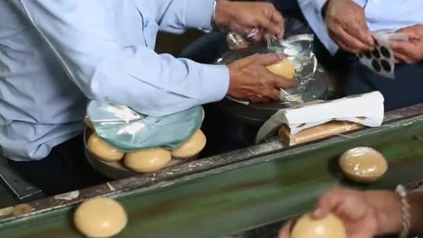 Closeup Workers Using Semi Automatic Soap Wrapping Machine Soap Factory — Stock Video