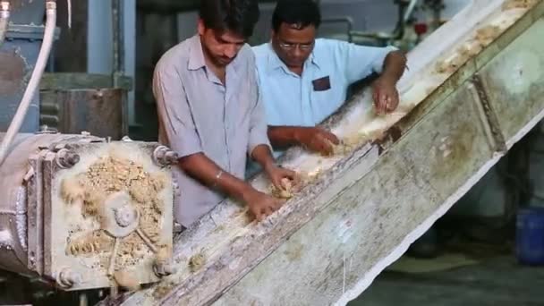2016年4月6日インド バンガロール 石鹸製造の過程でコンベア上を移動する石鹸プローダー機とローソープの労働者の見解 — ストック動画