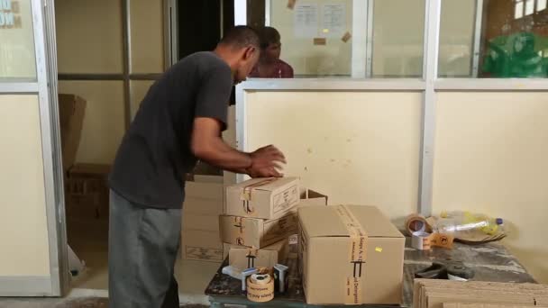 2016年4月6日 印度班加罗尔 看到滑石粉瓶被组装在一个盒子里 并被工厂里的一名工人录音 — 图库视频影像